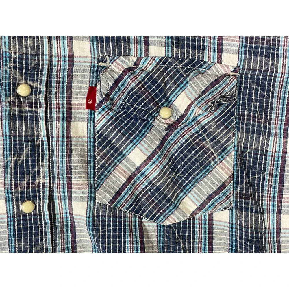 Levis Mens Large Blue Plaid Long Sleeve Western Pearl Snap Button Down Shirt